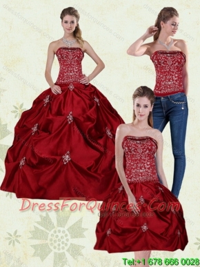 Detachable Wine Red Strapless Quinceanera Gown with Embroidery