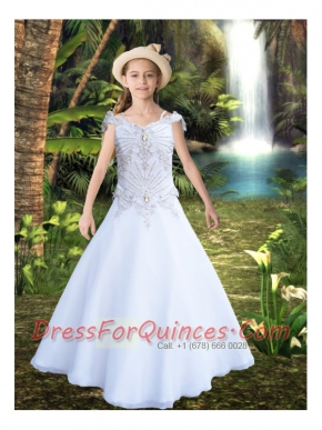 Elegant Off the Shoulder A-Line Beading White Little Girl Pageant Dresses