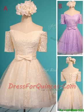 New Style Off the Shoulder Short Sleeves Prom Dresses with Bowknot