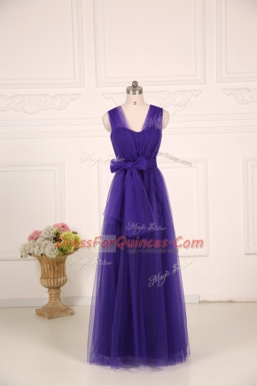 Super Purple Empire Tulle Straps Sleeveless Ruching Floor Length Zipper Vestidos de Damas