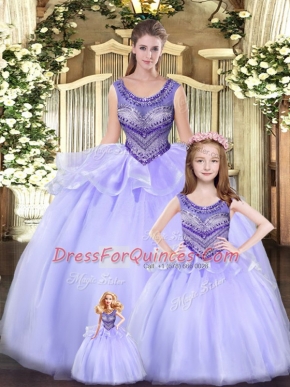 Unique Lavender Ball Gowns Beading and Ruching Sweet 16 Quinceanera Dress Lace Up Tulle Sleeveless Floor Length