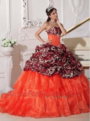 Sweetheart Ball Gown Orange Red Leopard and Organza  Appliques and Beadings Spring Quinceanera Dresses