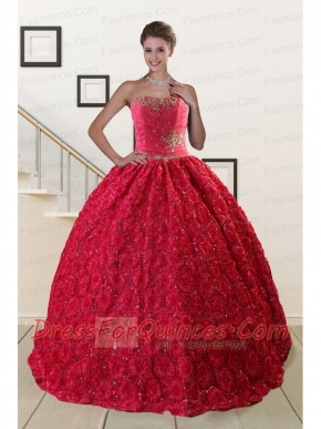Customize Rolling Flower Beading 2015 Quinceanera Dresses in Coral Red