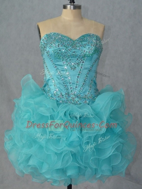Mini Length Aqua Blue Prom Gown Sweetheart Sleeveless Lace Up