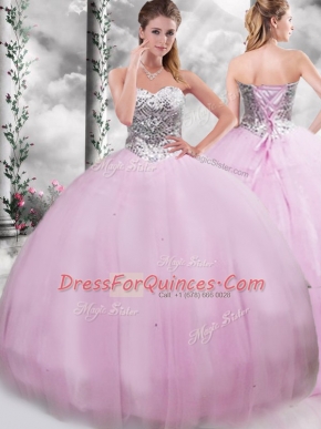 Extravagant Sleeveless Tulle Brush Train Lace Up Ball Gown Prom Dress in Lilac with Beading