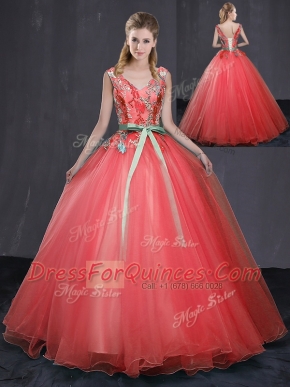 Tulle Sleeveless Floor Length Quinceanera Dresses and Appliques and Belt