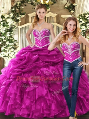 Fuchsia Lace Up Sweetheart Beading and Ruffles and Pick Ups Quinceanera Dress Organza Sleeveless