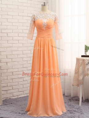 Colorful Bateau Long Sleeves Chiffon Prom Dresses Lace and Appliques and Ruching Zipper