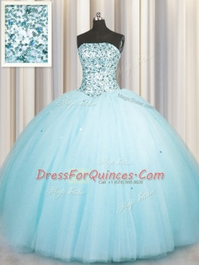 Hot Sale Really Puffy Floor Length Lace Up 15 Quinceanera Dress Aqua Blue for Military Ball and Sweet 16 and Quinceanera with Beading and Sequins