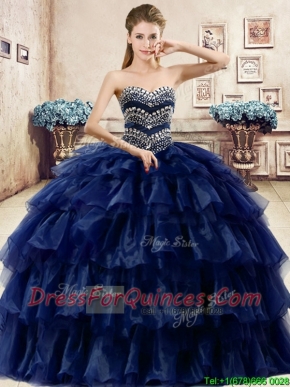 Cheap Beaded and Ruffled Layers Quinceanera Dress in Navy Blue