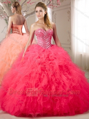 Gorgeous Beaded and Ruffled Sweetheart Coral Red Quinceanera Gown in Organza