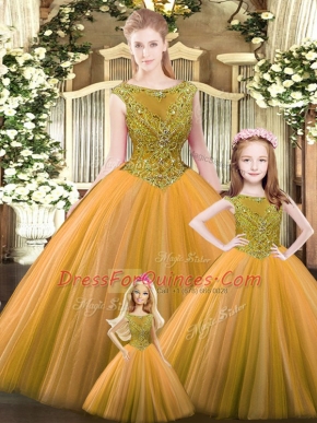 Orange Ball Gowns Beading Vestidos de Quinceanera Lace Up Tulle Sleeveless Floor Length