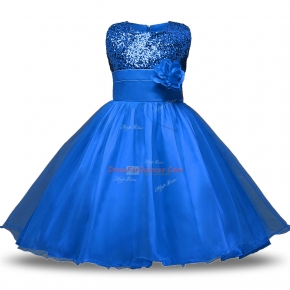Top Selling Sleeveless Zipper Knee Length Bowknot and Belt and Hand Made Flower Toddler Flower Girl Dress