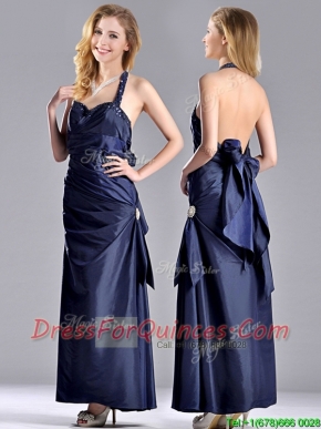 Luxurious Beaded Decorated Halter Top Dama Dress in Navy Blue