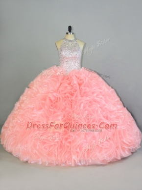 Halter Top Sleeveless Quince Ball Gowns Beading and Ruffles Peach Organza