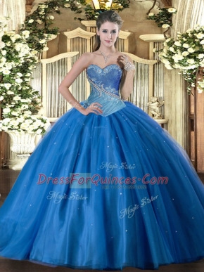 Fine Blue Sleeveless Beading Floor Length Vestidos de Quinceanera