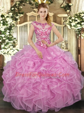 Nice Lilac Ball Gowns Beading and Appliques and Ruffles Quinceanera Dresses Lace Up Organza Cap Sleeves Floor Length