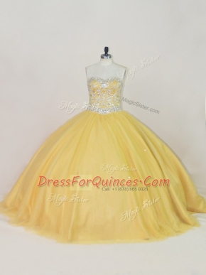 Adorable Tulle Sweetheart Sleeveless Lace Up Beading Sweet 16 Dresses in Gold