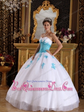 White with Blue Appliques Ball Gown Sweetheart Floor-length Appliques Organza Quinceanera Dress