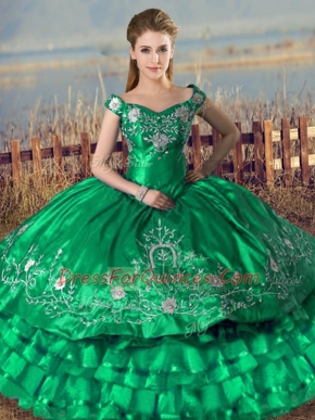Fitting Green Ball Gowns Organza Off The Shoulder Sleeveless Embroidery and Ruffled Layers Floor Length Lace Up Quinceanera Dress