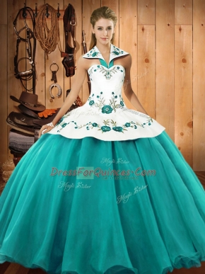 Halter Top Sleeveless Quinceanera Dress Floor Length Embroidery Turquoise Satin and Tulle