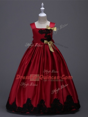 Appliques and Bowknot Pageant Gowns For Girls Wine Red Zipper Sleeveless Floor Length