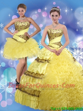 2015 New Styles Strapless Yellow Quinceanera Dresses with Beading and Ruffles