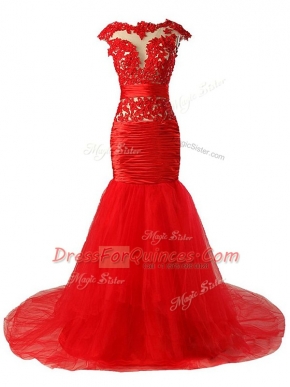 Gorgeous Red Prom Dress Prom and Party and Military Ball with Lace and Appliques and Ruching Scoop Cap Sleeves Brush Train Zipper