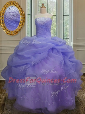 Sweet Sleeveless Organza Floor Length Lace Up Sweet 16 Dress in Lavender with Embroidery and Pick Ups