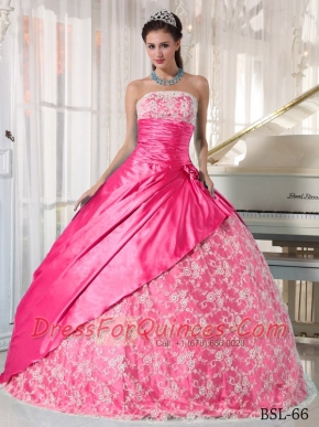 Hot Pink Ball Gown Strapless Quinceanera Dress with  Taffeta Lace