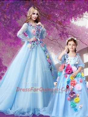 Best Selling Baby Blue Quinceanera Dresses Sweet 16 and Quinceanera and For with Beading and Hand Made Flower V-neck Long Sleeves Sweep Train Lace Up
