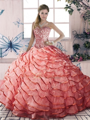 Sleeveless Brush Train Lace Up Beading and Ruffled Layers Quince Ball Gowns