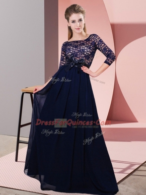 Floor Length Black Quinceanera Court of Honor Dress Chiffon 3 4 Length Sleeve Lace and Belt