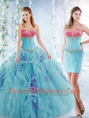 Latest Ruffled and Beaded Detachable Quinceanera Gowns in Aquamarine