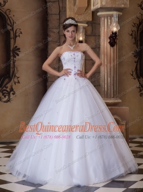 White Ball Gown Strapless Floor-length Satin and Tulle Embroidery Quinceanera Dress