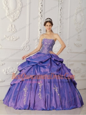 2013 Purple Taffeta with Silver Embroidery and Beading Strapless Ball Gown Quinceanera Dress