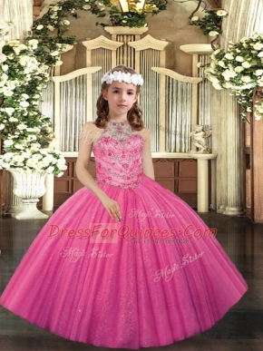Hot Pink Halter Top Lace Up Appliques Girls Pageant Dresses Sleeveless