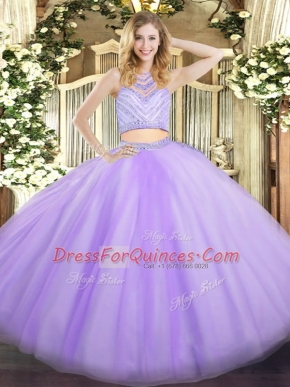 Sleeveless Floor Length Beading Zipper Sweet 16 Dress with Lavender