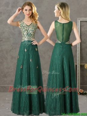 Luxurious V Neck Dark Green Dama Dresses with Appliques and Beading
