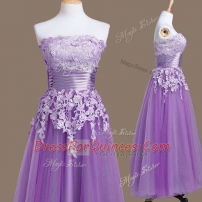 Strapless Sleeveless Lace Up Vestidos de Damas Lavender Tulle
