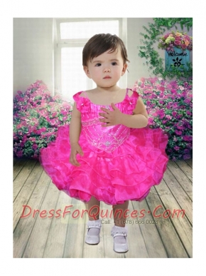 Hot Pink Beading and Ruffles Knee-length Little Girl Dress with Off the Shoulder