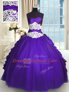 Pretty Purple Quinceanera Dresses Military Ball and Sweet 16 and Quinceanera and For with Beading and Lace and Appliques and Ruching and Pick Ups Sweetheart Sleeveless Lace Up