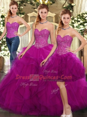 Hot Sale Fuchsia Sleeveless Beading and Ruffles Floor Length Sweet 16 Dress