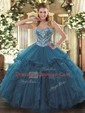 Dynamic Teal Sweetheart Lace Up Beading and Ruffles Quinceanera Dress Sleeveless