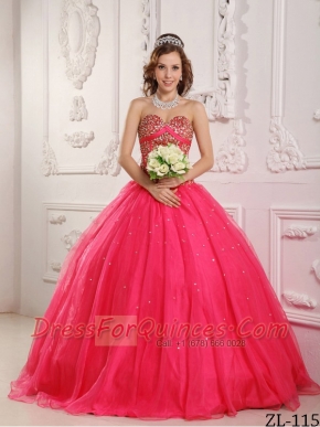 Sweetheart Ball Gown Beading Satin and Organza Hot Pink Lace-up