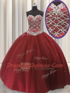 High Class Tulle Sleeveless Floor Length Quinceanera Gown and Beading and Sequins