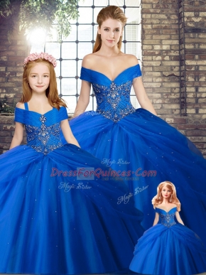 Inexpensive Royal Blue Sleeveless Tulle Brush Train Lace Up Sweet 16 Quinceanera Dress for Military Ball and Sweet 16 and Quinceanera
