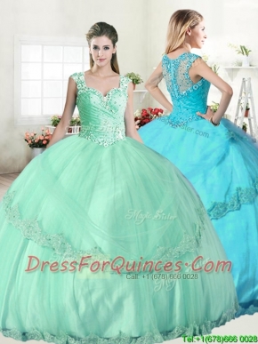 Wonderful Straps Apple Green Quinceanera Dress with Beading and Appliques
