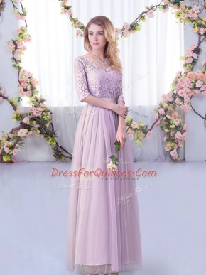 Beauteous Lavender Half Sleeves Lace and Belt Floor Length Quinceanera Court of Honor Dress