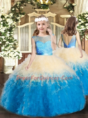 High Class Multi-color Ball Gowns Scoop Sleeveless Lace Floor Length Backless Lace and Ruffles Pageant Dress Toddler